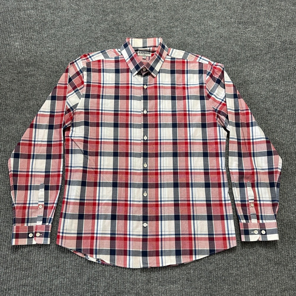Express Fitted Mens Button Up Shirt XL 17-17.5 Red Plaid 100% Cotton Long Sleeve